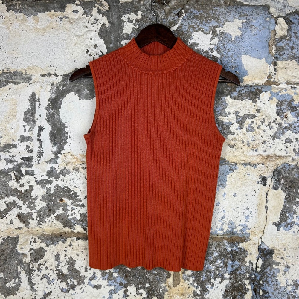 Chadwicks Mock Neck Tank Top Orange Ribbed Knit Shell Womens Small